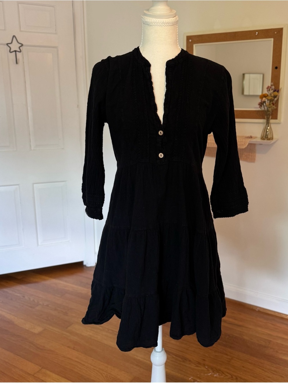 Blanco by Nature Amelia Dress Black Peruvian Cotton GauzeTiered Boho Mini Medium